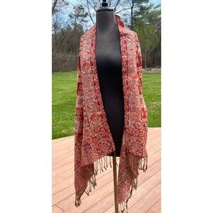 Vtg Wrap Shawl 1980’s Shades Of Orange With Silver Thread Paisley & Geometric